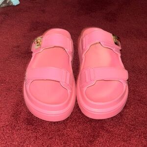 Steve Madden Neon Pink Slide Sandals with Gold Buckle